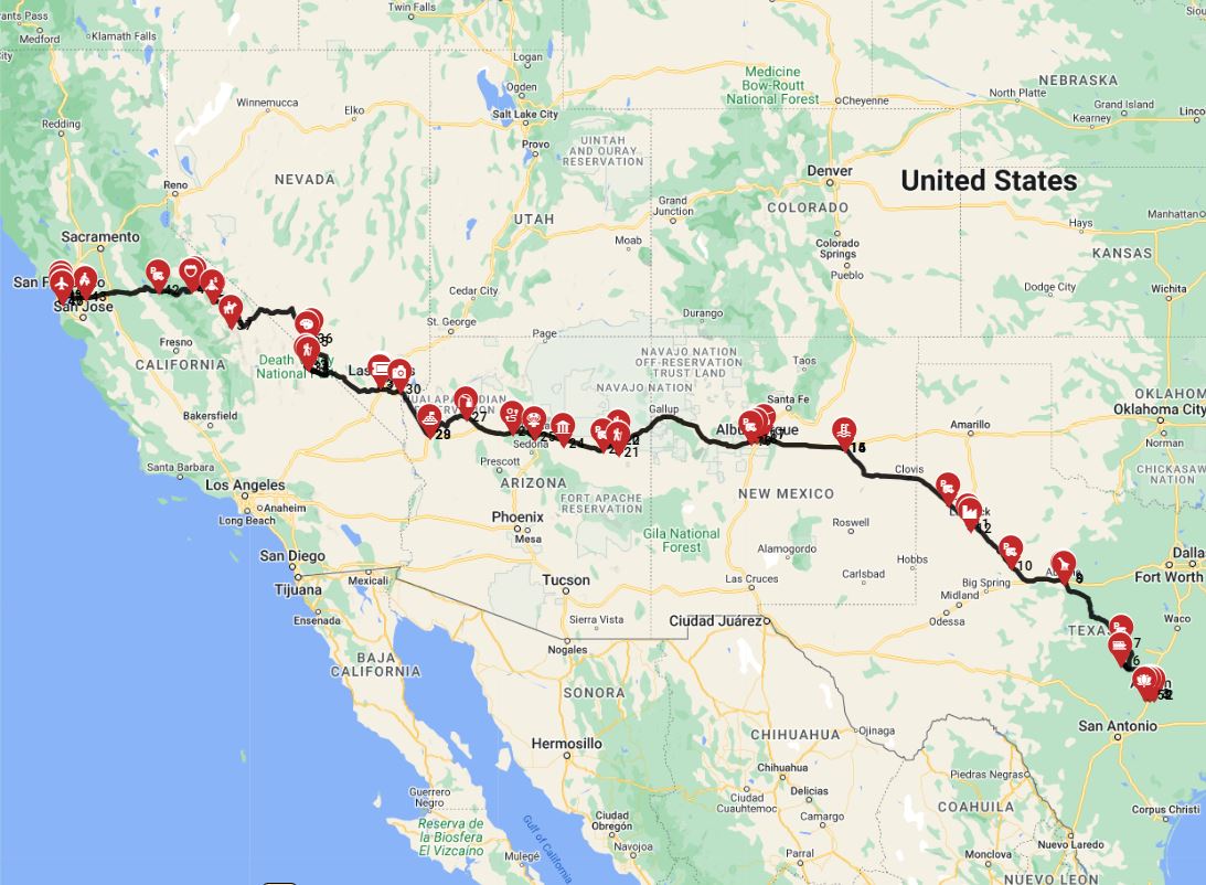 Map for Austin to San Francisco - Roaming the Western Wonders